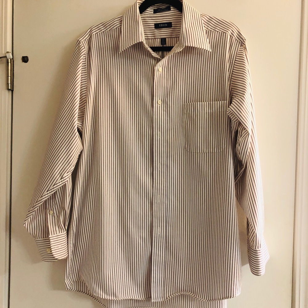 Izod front pocket burgundy pinstriped dress shirt.